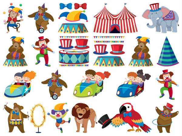 Grand ensemble d'objets isolés d'enfants et de cirque — Image vectorielle