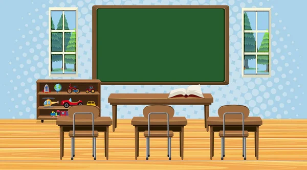 Classroom scene with chalkboard and desks — Stock Vector