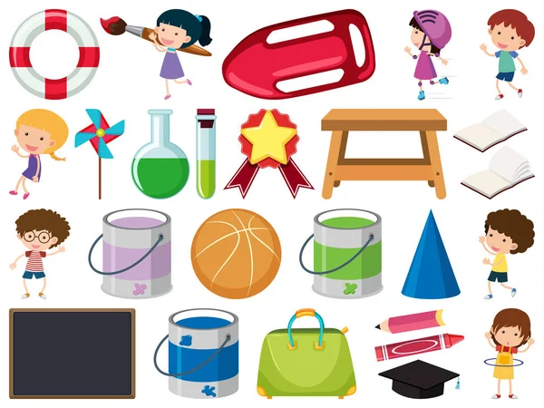 Conjunto de objetos isolados de crianças e itens escolares — Vetor de Stock