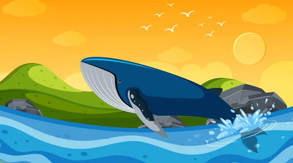 바다 고래가서 식 하는 배경 장면 — 스톡 벡터