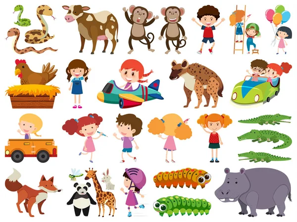 Reihe isolierter Objekte von Tieren und Kindern — Stockvektor
