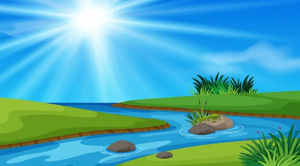 Fond de scène nature avec rivière et champ vert — Image vectorielle