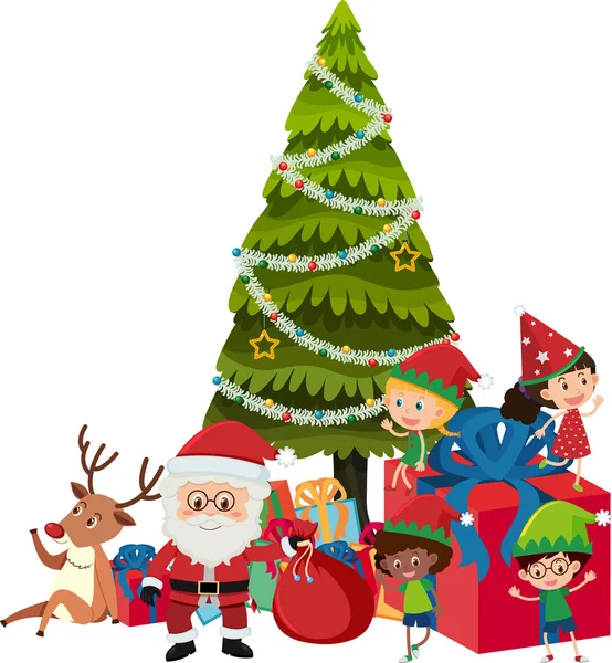 Père Noël et les enfants près de l'arbre de Noël — Image vectorielle