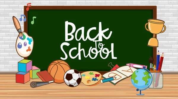 Back to school sign with board and school items — Stock vektor