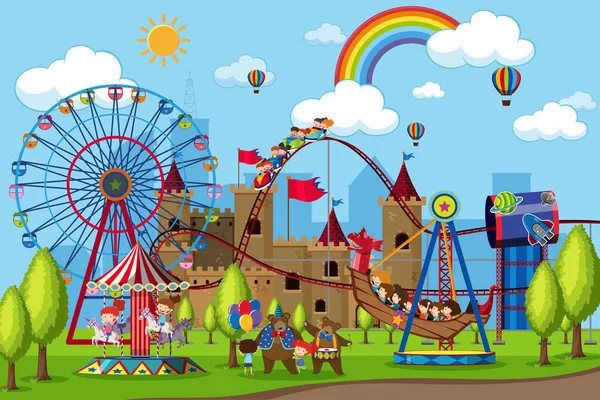 Amusement park with children on rides — Stock Vector