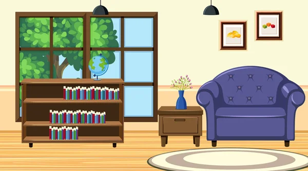 Δωμάτιο με βιβλιοθήκη και καναπέ — Διανυσματικό Αρχείο