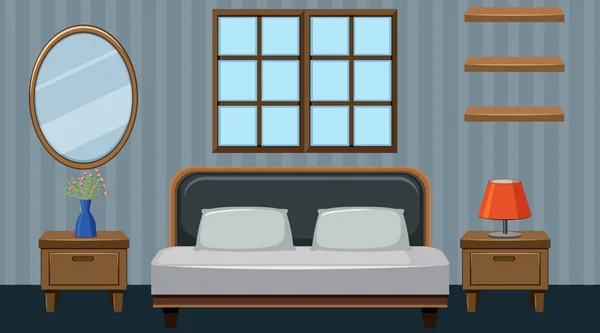 Quarto com cama grande e móveis de madeira — Vetor de Stock
