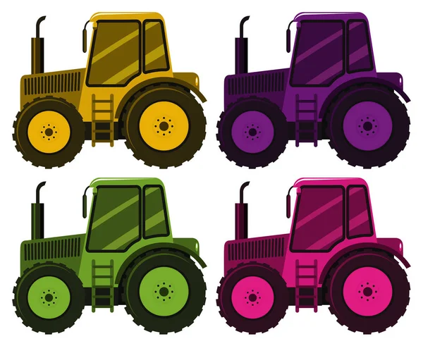 Uppsättning av fyra bilder av traktorer i olika färger — Stock vektor
