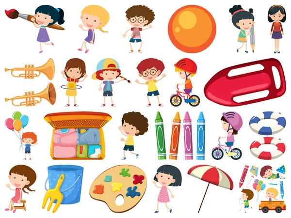 Reihe isolierter Objekte von Kindern und Schulsachen — Stockvektor
