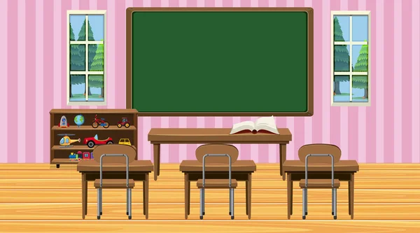 Scène de classe avec tableau et bureaux — Image vectorielle