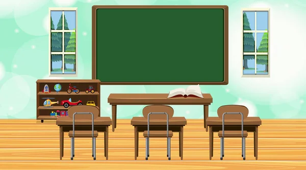 Scène de classe avec tableau et bureaux — Image vectorielle