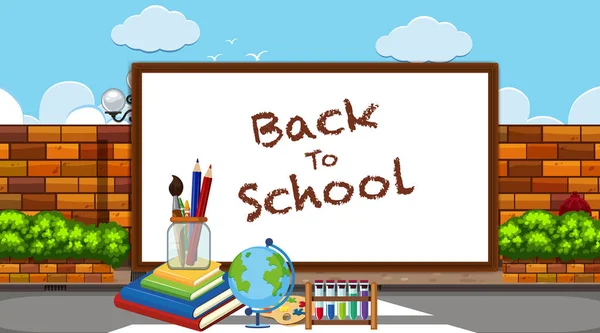 Back to school sign with many school items — Stock vektor