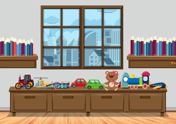 창문과 장난감이 있는 어린이방 — 스톡 벡터