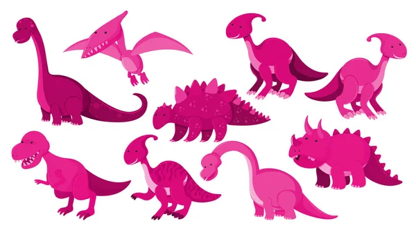 Grand ensemble de différents types de dinosaures en rose — Image vectorielle