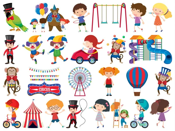 Grande conjunto de objetos isolados de crianças e circo — Vetor de Stock