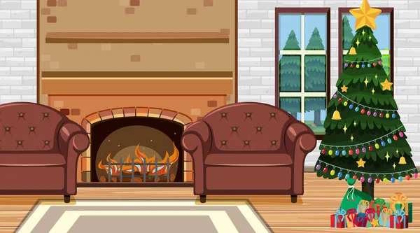 Room with christmas tree by the fireplace — Stock vektor