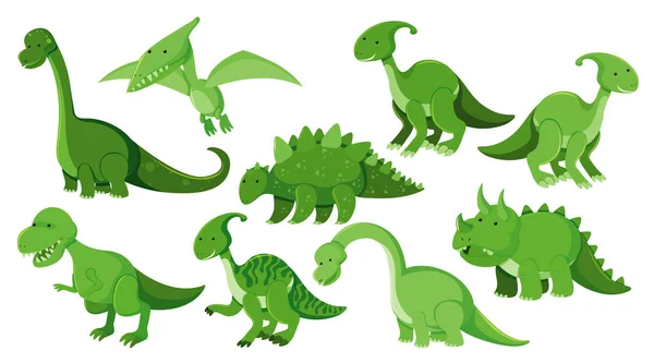 Large set of different types of dinosaurs in green — Stock Vector