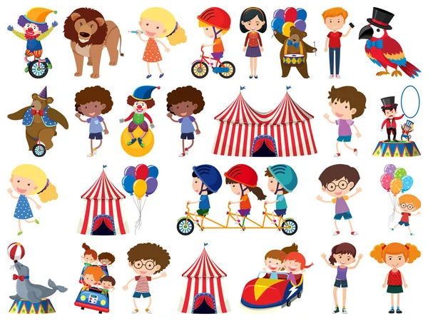 Grand ensemble d'objets isolés d'enfants et de cirque — Image vectorielle