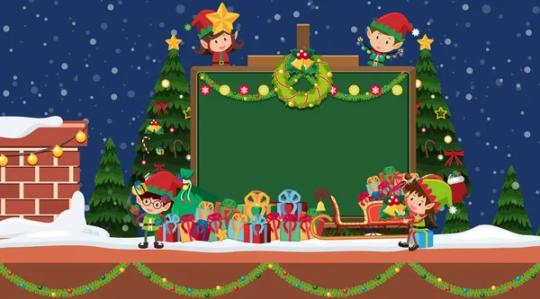 Plantilla de frontera con elfo de Navidad y regalos — Vector de stock