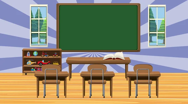 Classroom scene met schoolbord en bureaus — Stockvector