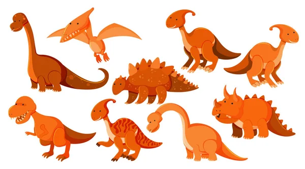 Gran conjunto de diferentes tipos de dinosaurios en naranja — Vector de stock