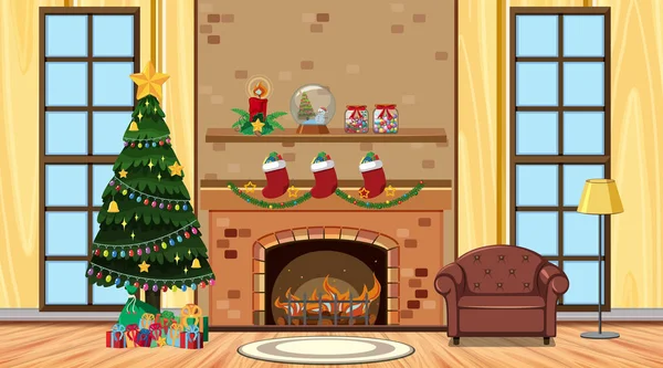 Rum med julgran och soffa vid öppen spis — Stock vektor