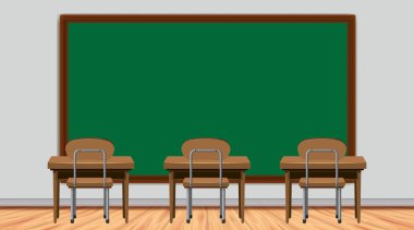 Classroom scene with chalkboard and desks