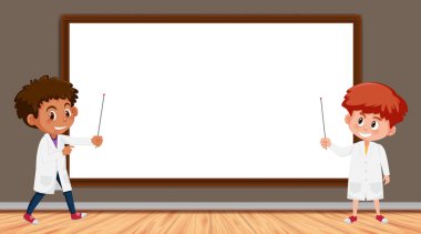 Laboratuvar önlüklü iki çocukla sınır şablonu.