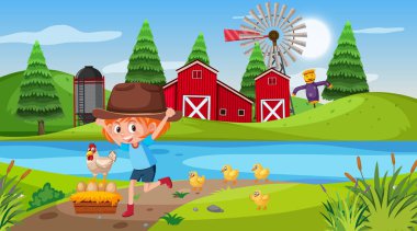 Çiftlikte kız ve tavuk sahnesi