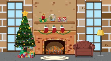 Room with christmas tree by the fireplace