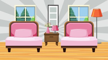 Pembe kanepeli ve yastıklı oda.
