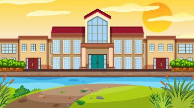 Nehir kenarındaki büyük binalı doğa sahnesi