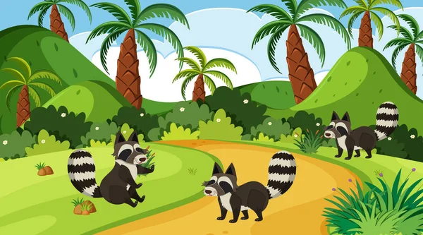 Background scene with raccoons in the forest — Stock Vector