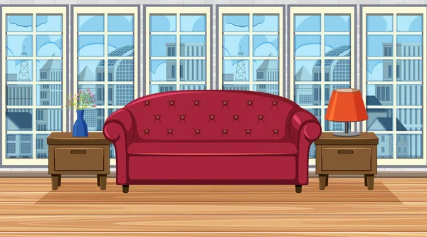 Habitación con sofá rojo y cajones — Vector de stock