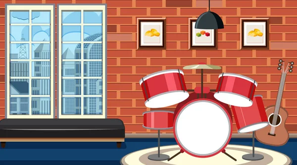 Background scene with drumset in the room — Stock Vector