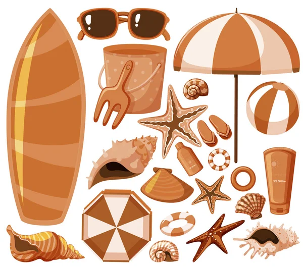 Isolated beach items set in brown — 스톡 벡터