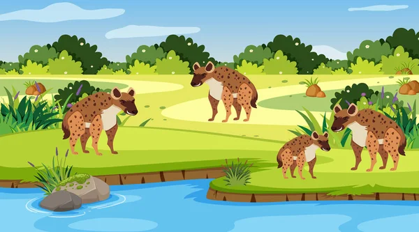 在河边和鬣狗一起的背景场景 — 图库矢量图片