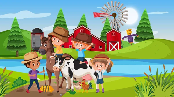 Escena con niños y animales en la granja — Vector de stock