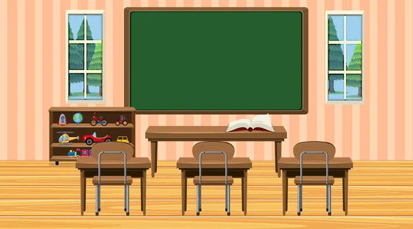 Classroom scene with chalkboard and desks — Stok Vektör