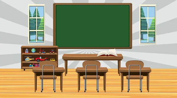 Cena de sala de aula com quadro-negro e cadeiras —  Vetores de Stock