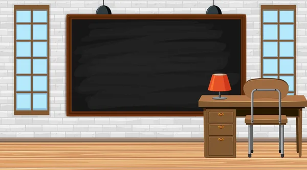 Порожня класна кімната з дошкою і робочим столом вчителя — стоковий вектор