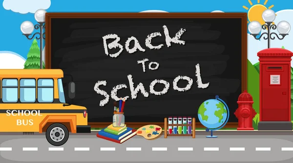 Επιστροφή στην πινακίδα σχολείο με πολλά σχολικά αντικείμενα στο δρόμο backgroun — Διανυσματικό Αρχείο