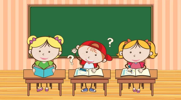Tre elever ställer frågor i klassrummet — Stock vektor