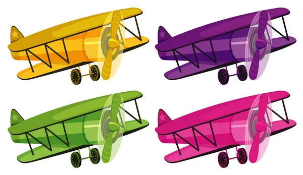 Zestaw czterech zdjęć samolotów w różnych kolorach — Wektor stockowy