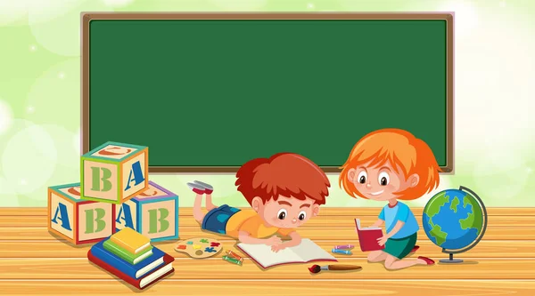 Klassrum med pojke och flicka läsning bok — Stock vektor