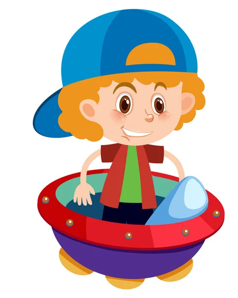 Personaje único de niño en OVNI sobre fondo blanco — Vector de stock