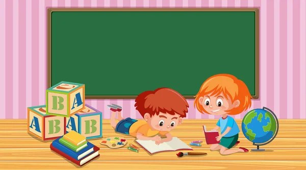 Classroom with boy and girl reading book — 스톡 벡터