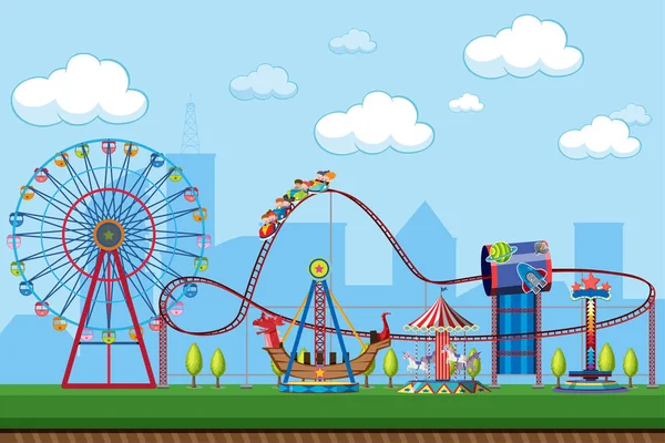 Amusement park scene with rides — Stock Vector