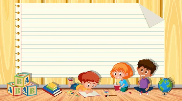 Modello di carta con tre libri di lettura per bambini sullo sfondo — Vettoriale Stock