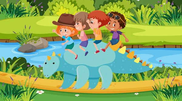 Cena com crianças montando dinossauro no parque —  Vetores de Stock
